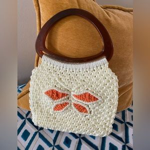 Gorgeous Vintage Macramé Bag Cream & Orange with Lucite Handles
